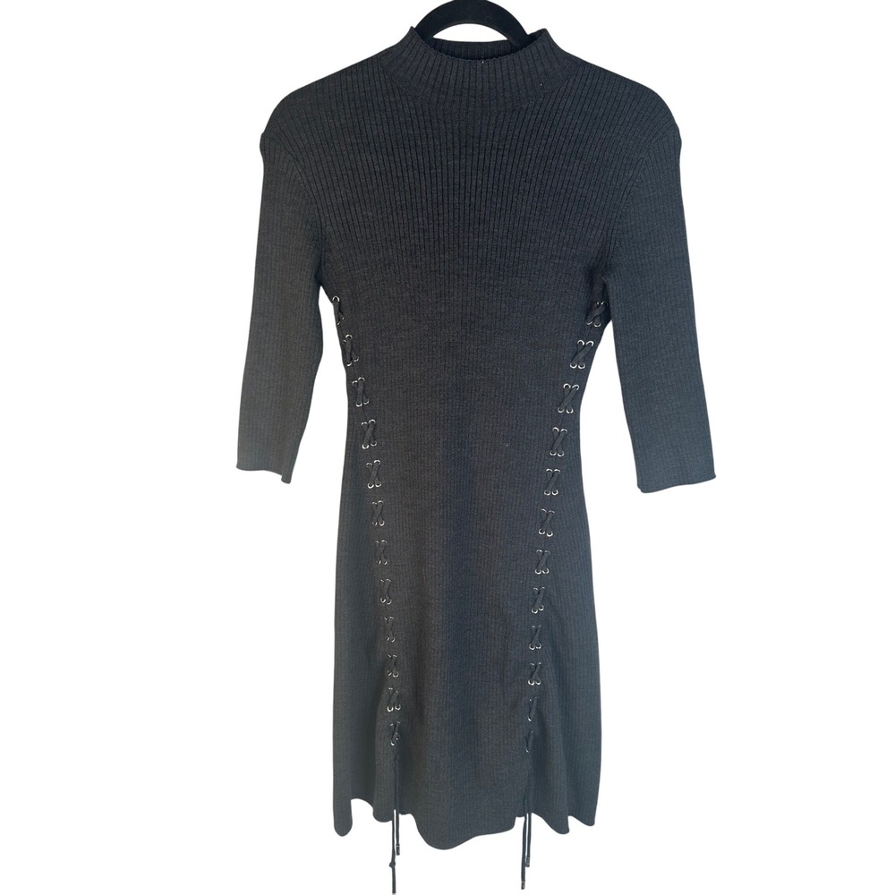 Maje Women's Charcoal Grey Lace Up Ribbed Mock Neck Sweater Dress Size 36 Small